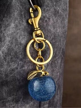 Apple Blue glitter keychain or bag charm with gold hardware key ring / dog clip